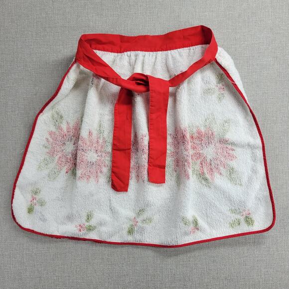 Vintage Terrycloth Christmas Theme Wrap Apron Pointsettia Flower Retro Handmade - Picture 2 of 8